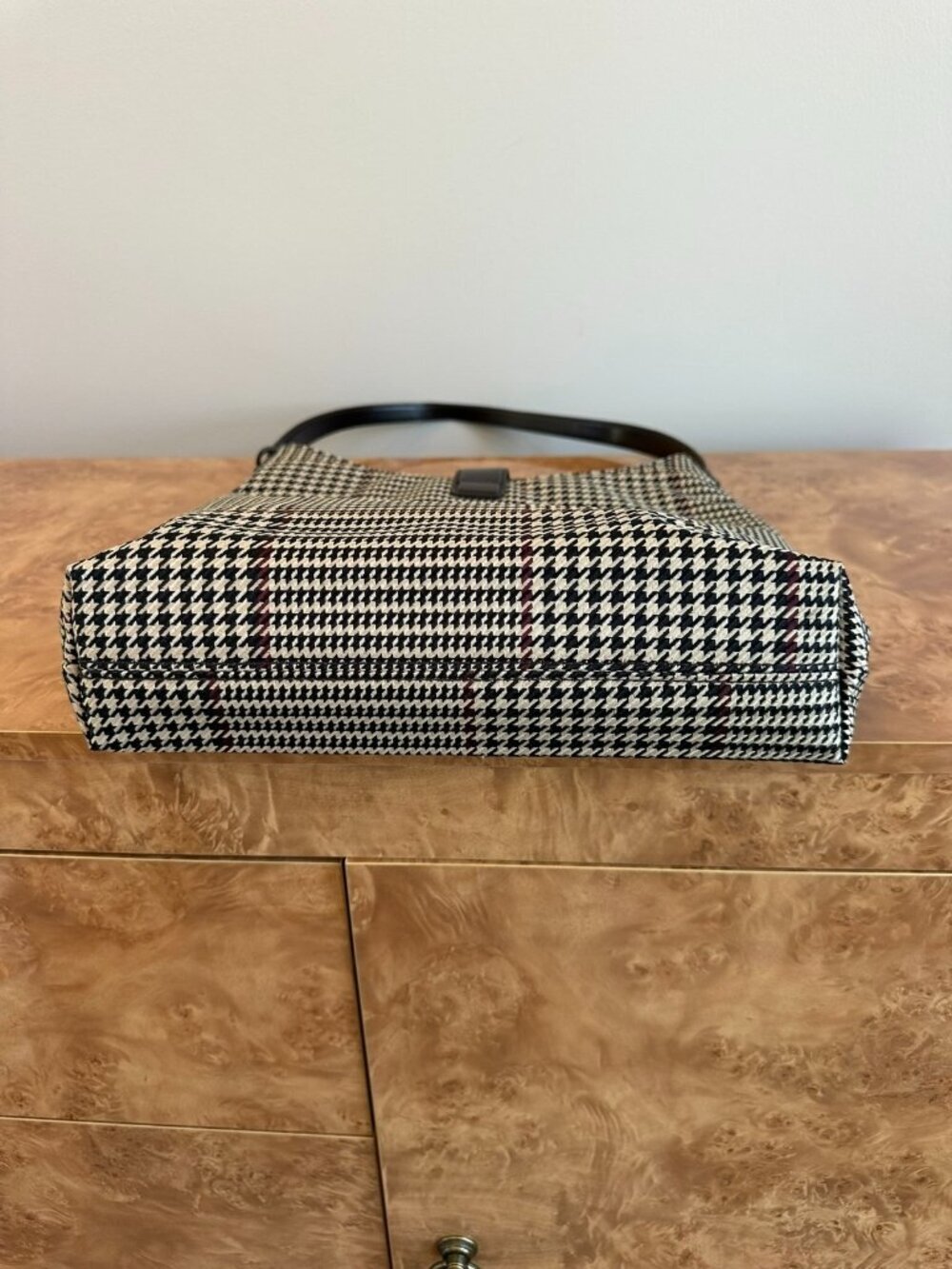 Lauren Ralph Lauren Houndstooth Plaid Shoulder Bag Tan Brown Leather - Picture 6 of 6